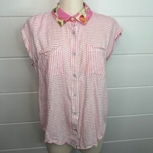 Cabi Merger Top Medium Stripes and Floral Short Sleeve Button Up Linen